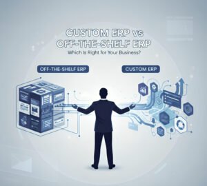 Custom ERP vs off-the-shelf ERP systems shown as flexible vs structured business software