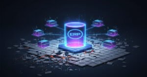 3D illustration of business moving from spreadsheets to a central ERP system with connected finance, sales, HR, and operations modules